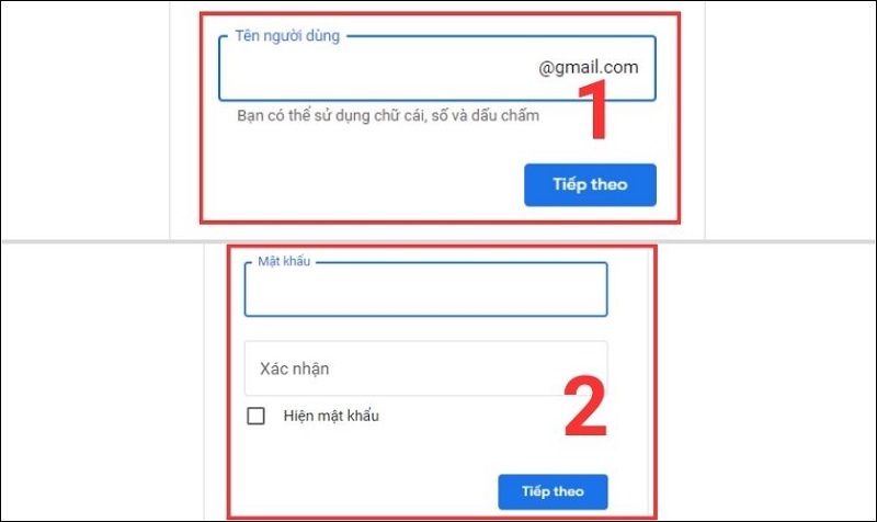 Nhập mật khẩu và xác nhận mật khẩu