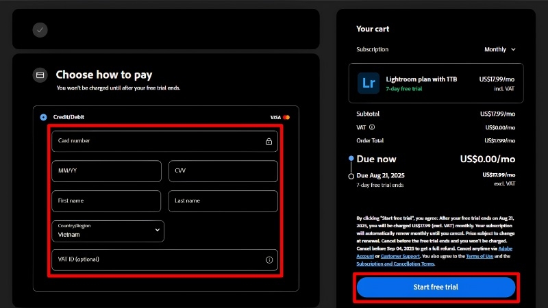 Màn hình chọn gói và bấm Start free trial bước 4