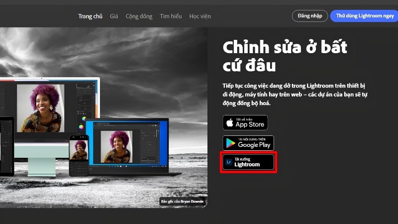 Nút tải xuống Lightroom ở cuối trang lightroom.adobe.com