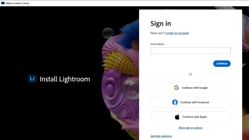 Cửa sổ đăng nhập tài khoản Adobe khi cài Lightroom