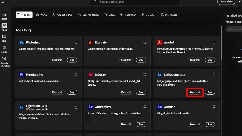 Màn hình chọn gói và bấm Start free trial