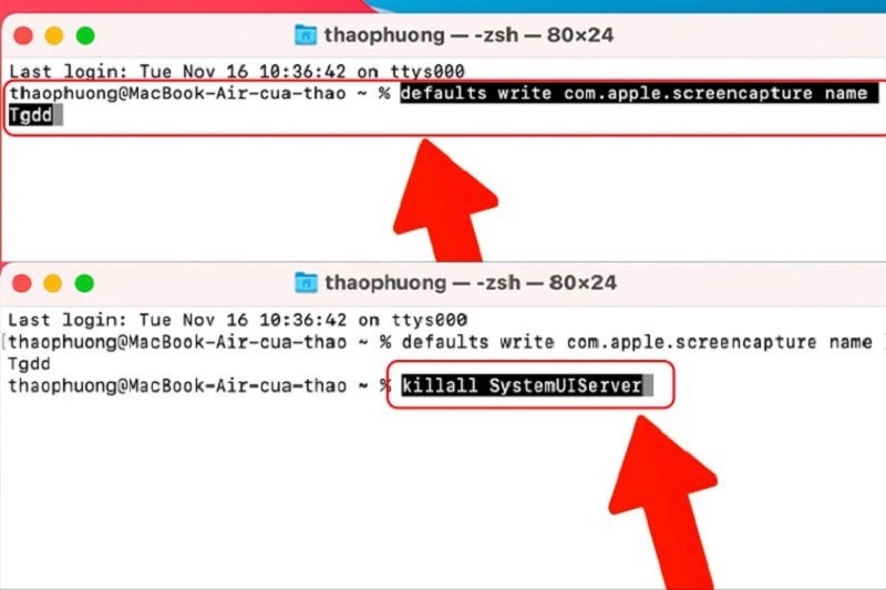 Nhập lệnh defaults write com.apple.screencapture name