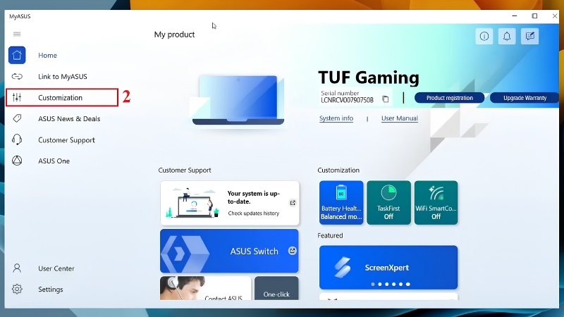 Chọn tab Customization trong MyASUS Chọn tab Customization trong MyASUS