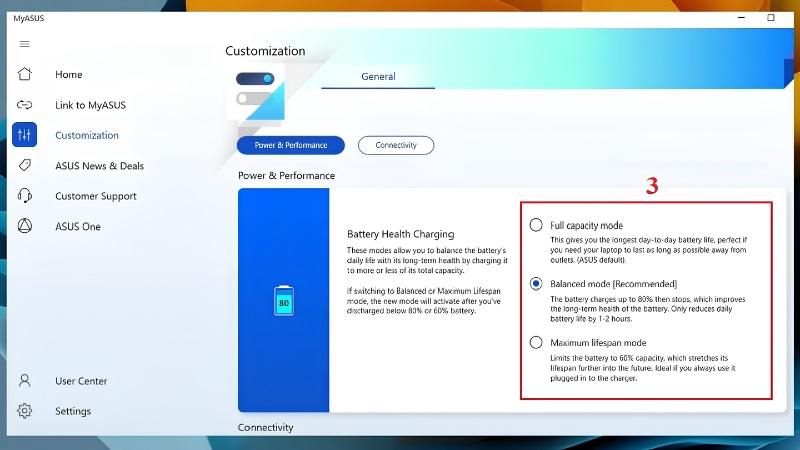 Chọn chế độ Battery Health Charging trong MyASUS Chọn chế độ Battery Health Charging trong MyASUS