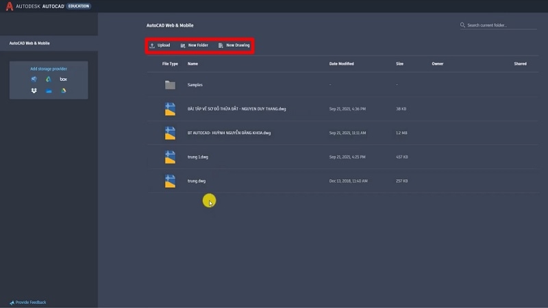 Nút tạo bản vẽ mới và tải file lên trên AutoCAD Web Nút tạo bản vẽ mới và tải file lên trên AutoCAD Web
