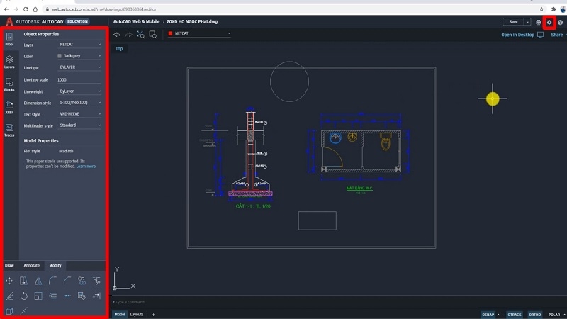 Thanh công cụ vẽ và bảng cài đặt trên giao diện AutoCAD Web Thanh công cụ vẽ và bảng cài đặt trên giao diện AutoCAD Web