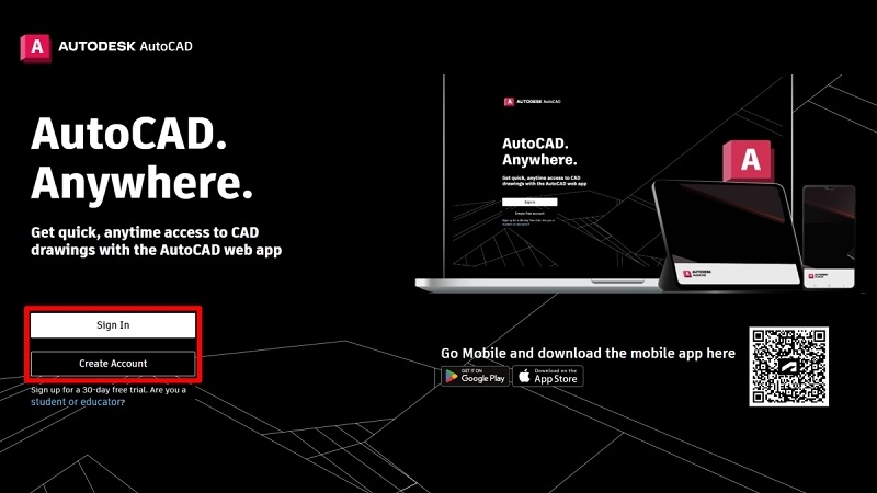 Màn hình đăng nhập/tạo tài khoản AutoCAD Web Màn hình đăng nhập/tạo tài khoản AutoCAD Web