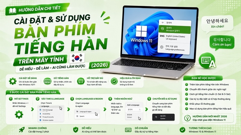 Hướng dẫn cài đặt và sử dụng bàn phím tiếng hàn trên máy tính (2026)