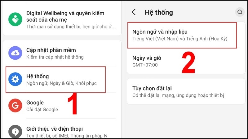 Chọn tính năng Ngôn ngữ và nhập liệu
