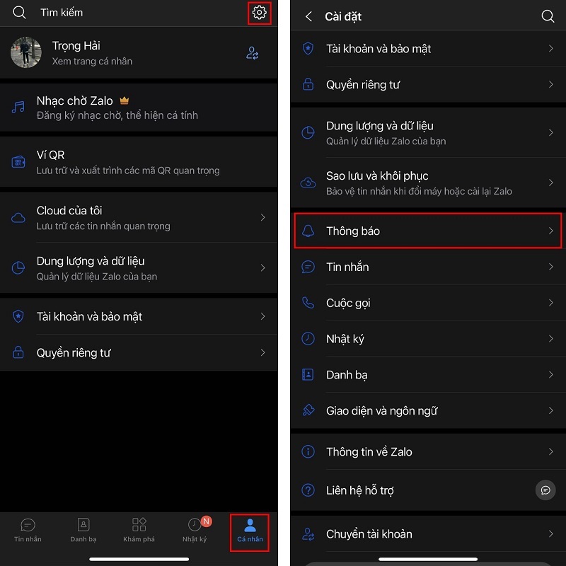 Nhấn vào mục Thông báo