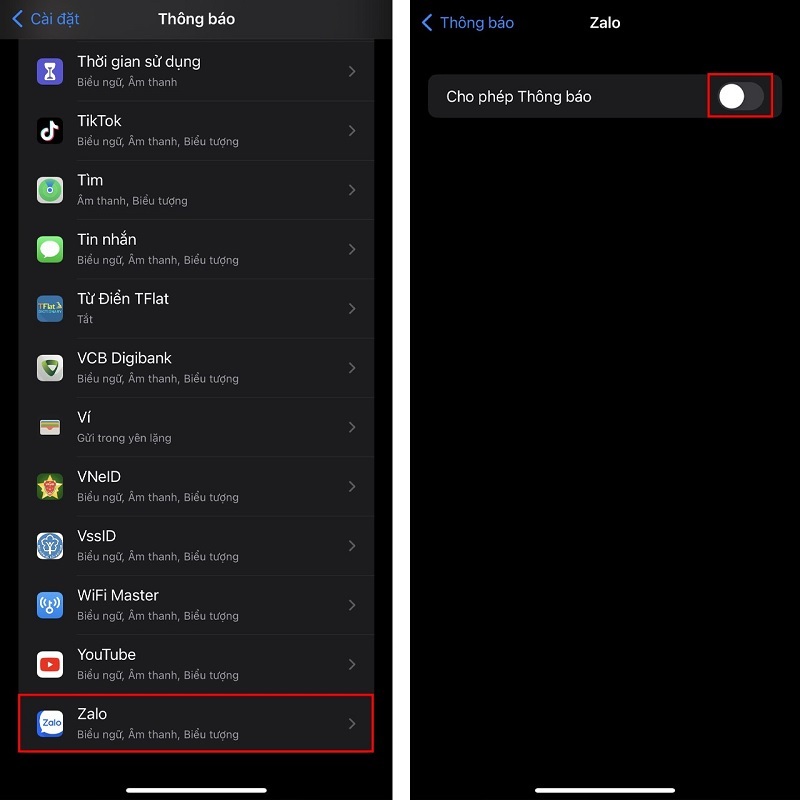 Gạt thanh trượt ở mục Cho phép Thông báo sang trái