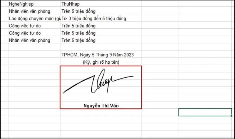 Chữ ký sẽ được hiển thị trong file Excel