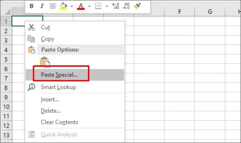 Nhấn vào tùy chọn Paste Special