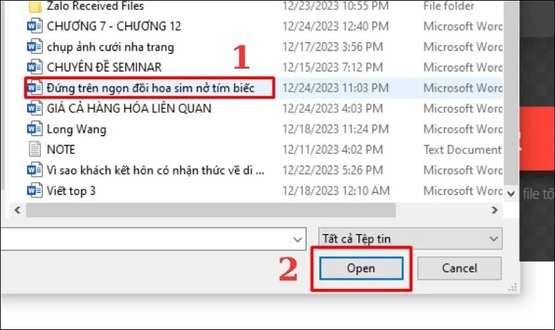 Nhấn vào nút Open