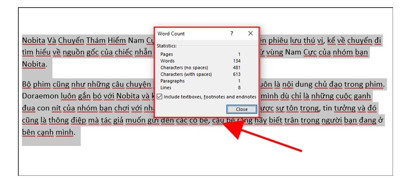 Cửa sổ Word Count xuất hiện