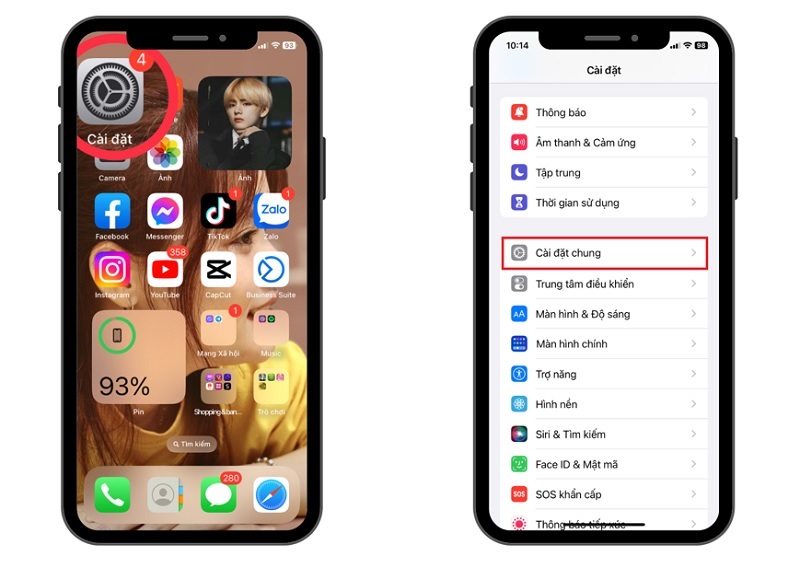Chọn vào mục Cài đặt chung