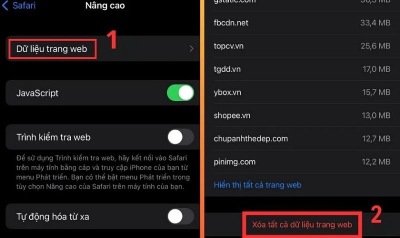 Chọn vào mục Xóa tất cả dữ liệu trang web