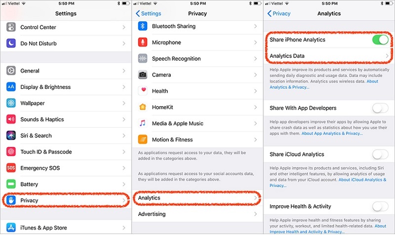 Bật tính năng Share iPhone Analytics trên điện thoại lên