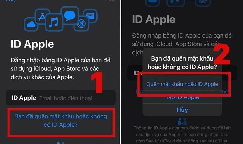 Chọn vào mục Quên mật khẩu hoặc iD Apple