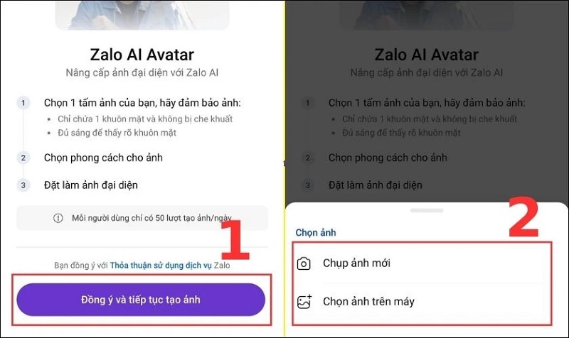 Chọn tính năng Chụp ảnh mới hoặc Chọn ảnh trên máy