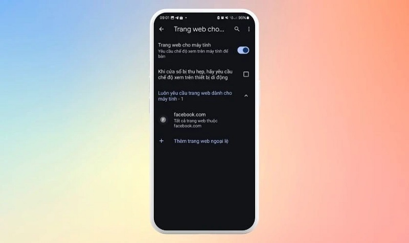 Gạt thanh trượt ở mục Trang web cho máy tính sang bên phải