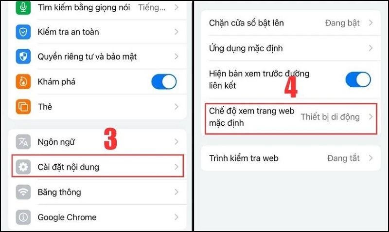 Chọn vào mục Cài đặt nội dung