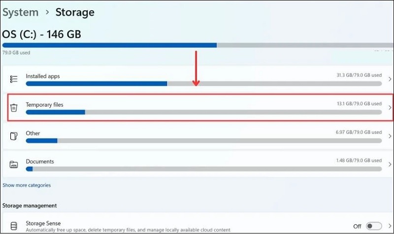 Nhấn vào mục Temporary files