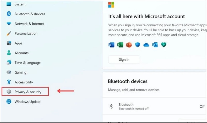 Chọn vào mục Privacy & Security