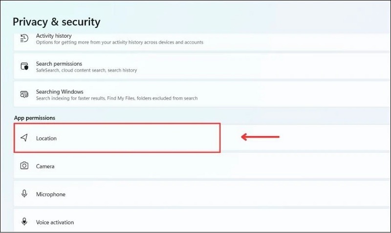 Chọn vào mục Location