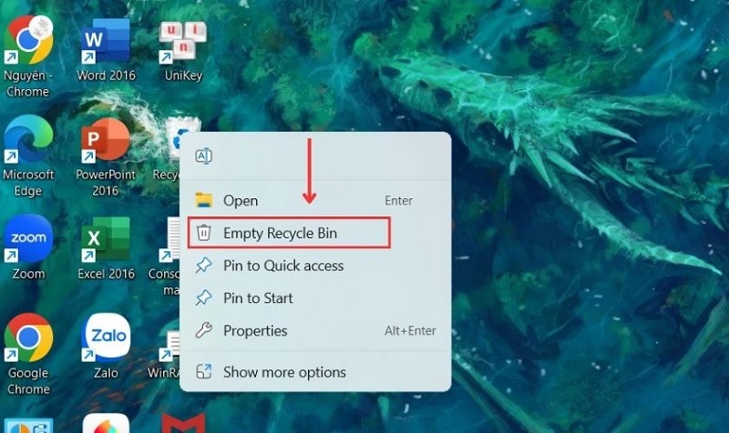 Nhấn vào tùy chọn Empty Recycle Bin