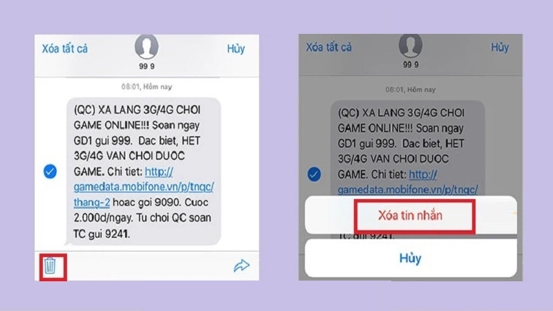 Nhấn mục Xóa tin nhắn Nhấn mục Xóa tin nhắn