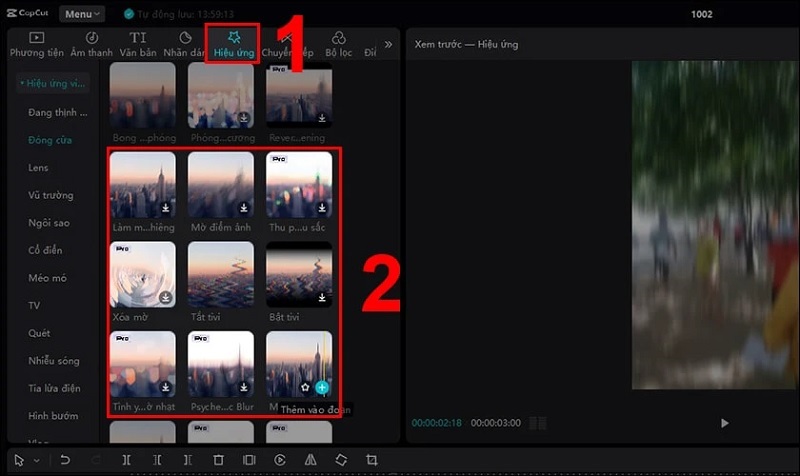 Chọn vào mục Hiệu ứng