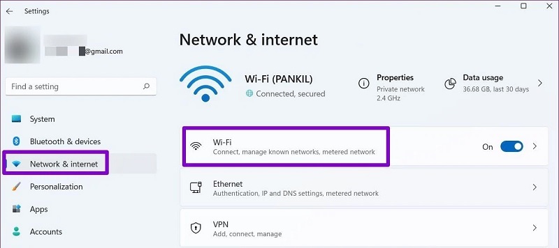 Chọn vào mục Network & internet