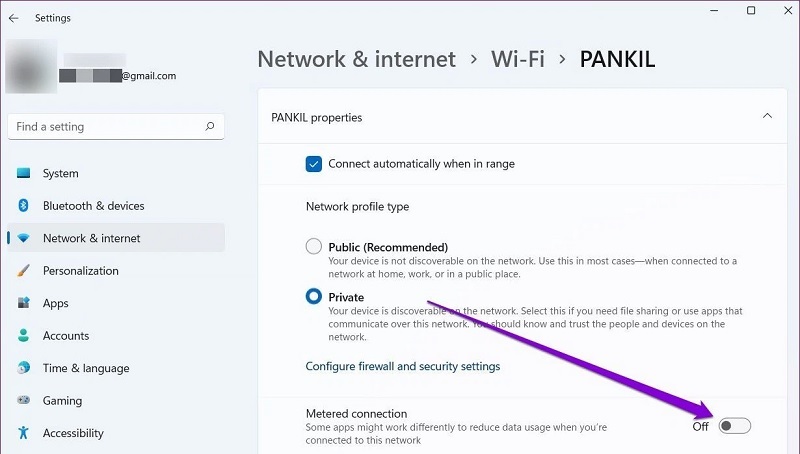 Gạt thanh trượt ở mục Metered connection sang trái