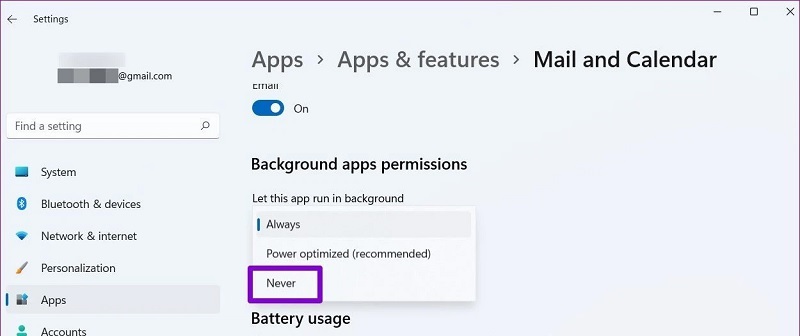 Nhấn vào mục Never
