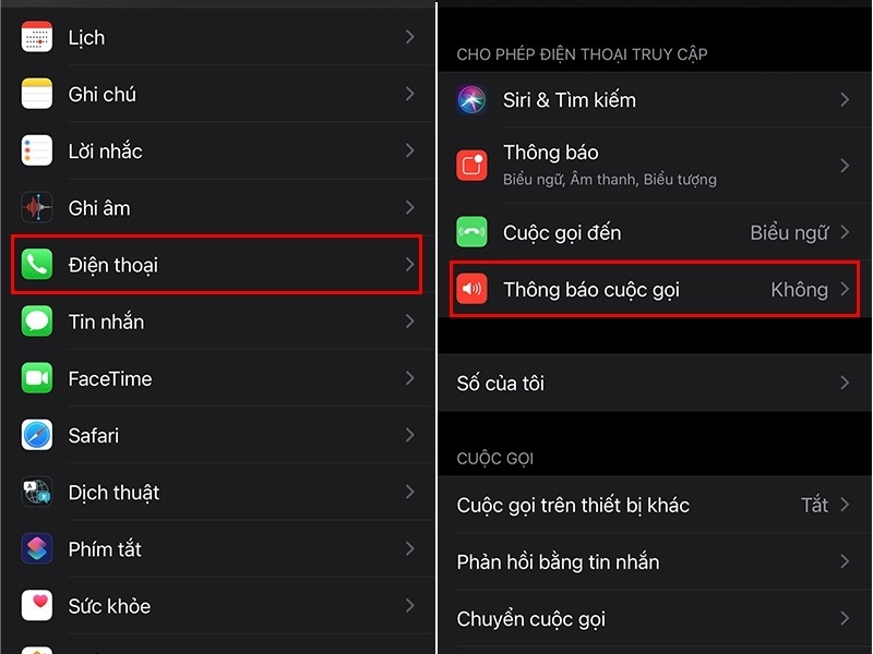 Chọn Thông báo cuộc gọi
