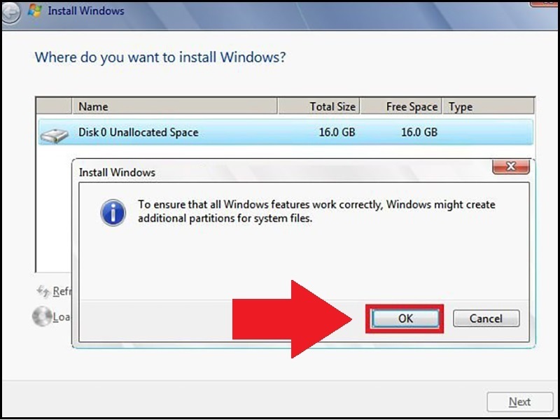 Nhấn vào OK để tiếp tục