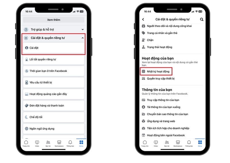 Chọn vào mục Nhật ký hoạt động