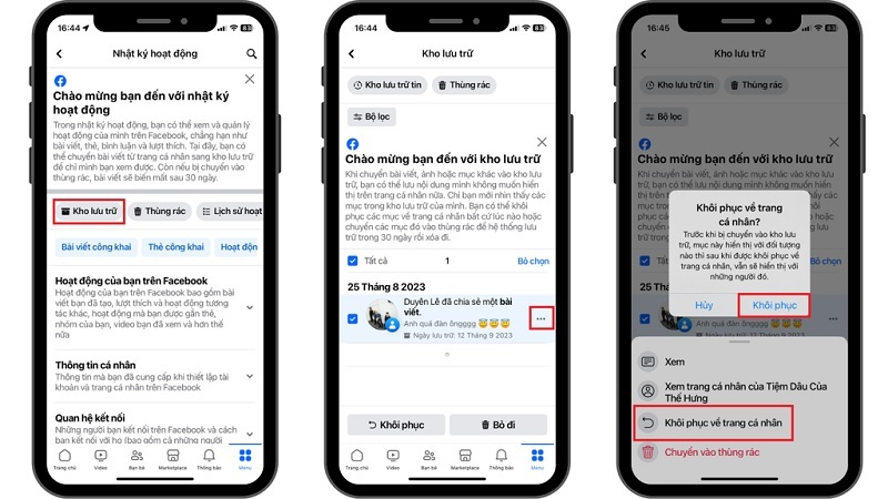 Nhấn vào dòng chữ Khôi phục về trang cá nhân