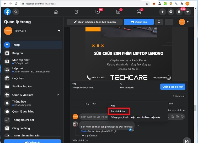 Cách ẩn bình luận trên Fanpage Facebook thủ công