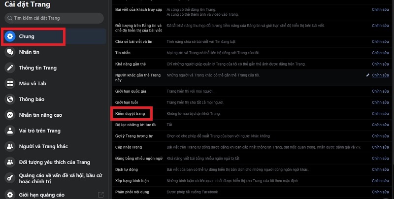 Chọn Chỉnh sửa tại phần Kiểm duyệt trang ở cửa sổ cài đặt