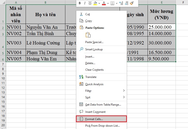 Bấm chọn Format Cells từ menu chuột phải Bấm chọn Format Cells từ menu chuột phải