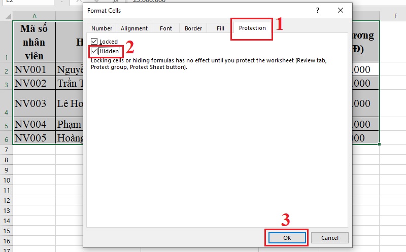 Tick chọn vào ô Hidden trong tab Protection Tick chọn vào ô Hidden trong tab Protection