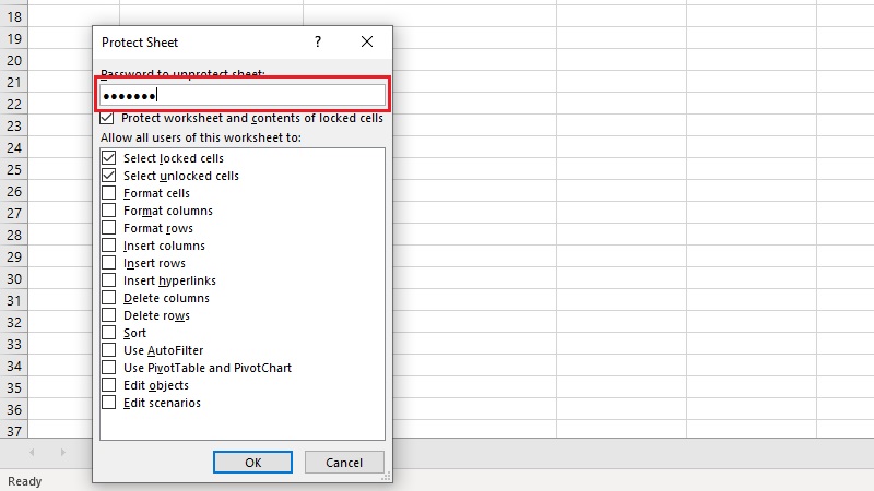 Nhập mật khẩu vào ô Password to unprotect sheet Nhập mật khẩu vào ô Password to unprotect sheet