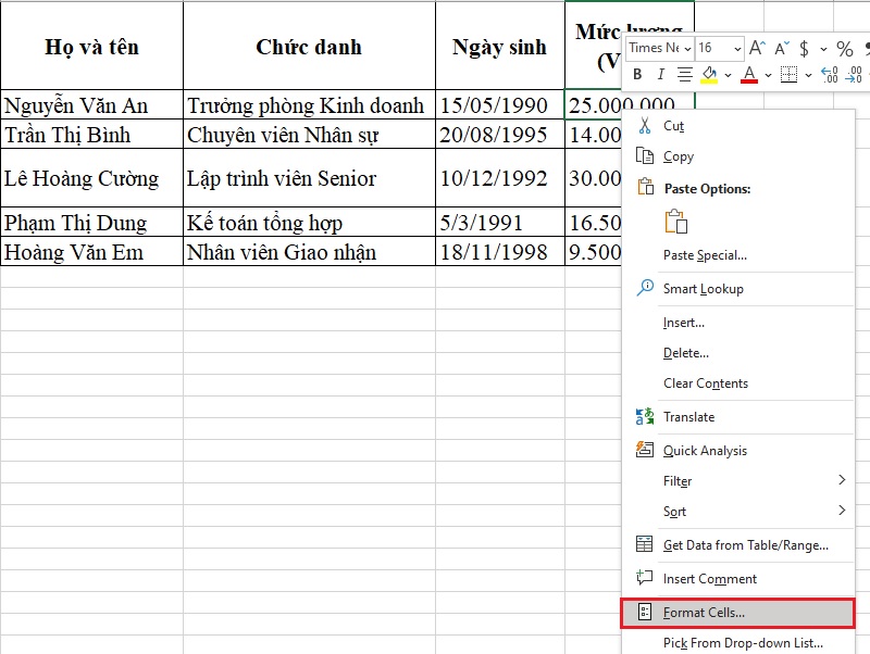 Chọn Format Cells từ menu chuột phải Chọn Format Cells từ menu chuột phải