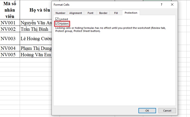 Tick chọn Hidden trong tab Protection Tick chọn Hidden trong tab Protection