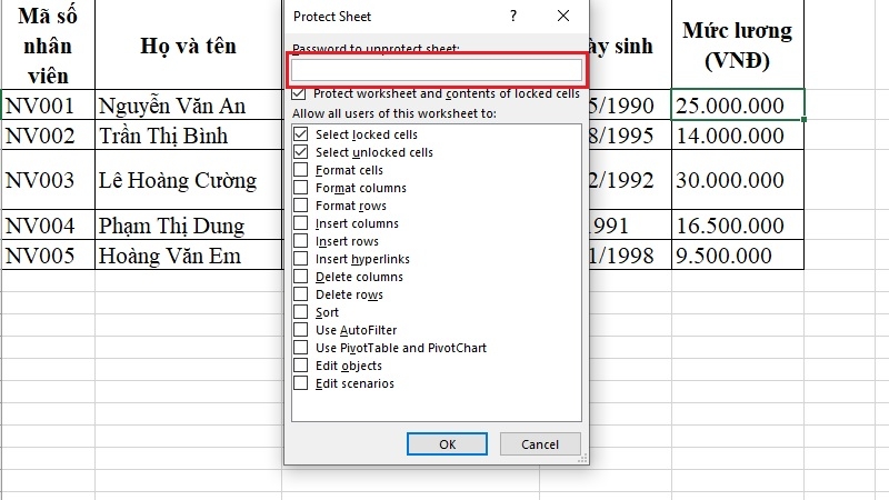 Nhập và xác nhận mật khẩu bảo vệ sheet Nhập và xác nhận mật khẩu bảo vệ sheet