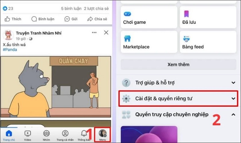 nhấn vào tùy chọn Cài đặt & quyền riêng tư