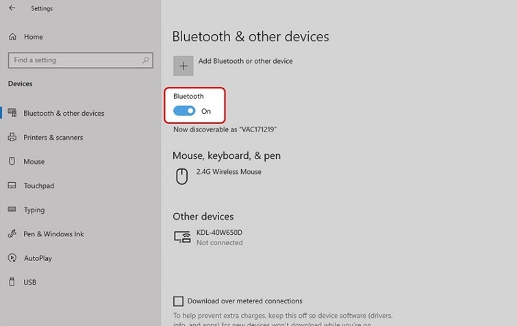 Gạt thanh trượt sang phía bên phải để bật bluetooth win 10