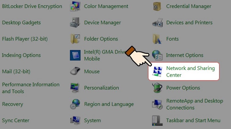 Chọn vào mục Network and Sharing Center